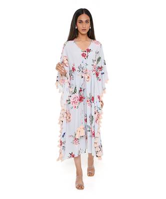 Grey Gulabi Print Art Crepe Kaftan With Tassels 1