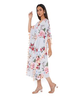 Grey Gulabi Print Art Crepe Kaftan With Tassels 2