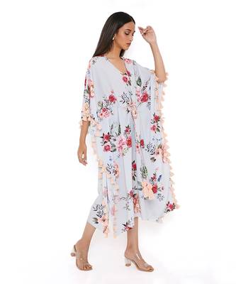 Grey Gulabi Print Art Crepe Kaftan With Tassels 3