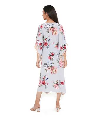 Grey Gulabi Print Art Crepe Kaftan With Tassels 4