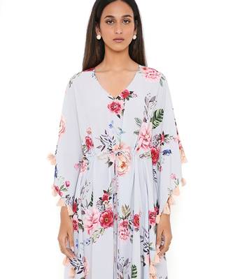 Grey Gulabi Print Art Crepe Kaftan With Tassels 5