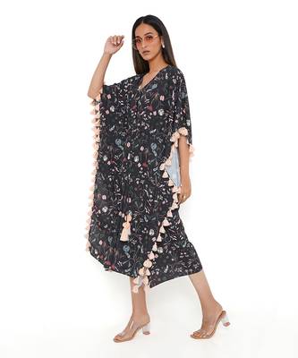 Black Forest Print Art Crepe Kaftan With Tassels 2