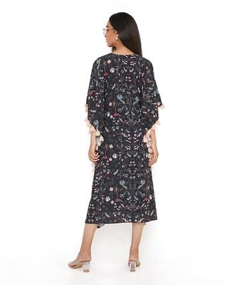 Black Forest Print Art Crepe Kaftan With Tassels 4