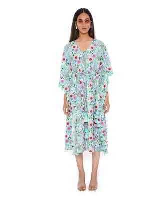 Aqua Spring Floral Garden Print Art Crepe Kaftan With Tassels 1