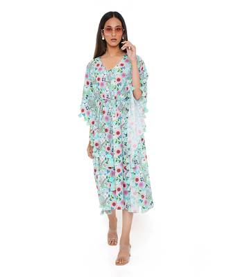 Aqua Spring Floral Garden Print Art Crepe Kaftan With Tassels 2