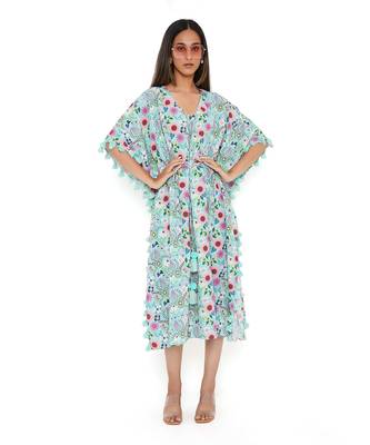 Aqua Spring Floral Garden Print Art Crepe Kaftan With Tassels 3