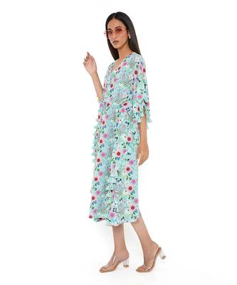 Aqua Spring Floral Garden Print Art Crepe Kaftan With Tassels 4