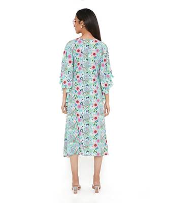 Aqua Spring Floral Garden Print Art Crepe Kaftan With Tassels 5