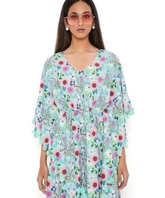 Aqua Spring Floral Garden Print Art Crepe Kaftan With Tassels 6