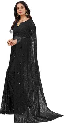 Navy Black Self Design Bollywood Net Saree 2