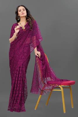 Purple  Self Design Bollywood Net Saree 3