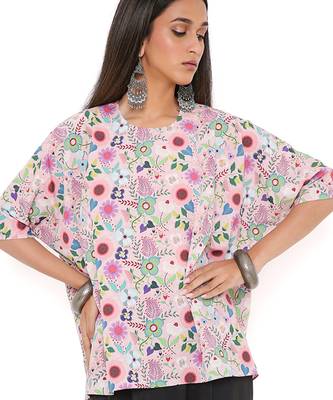 Pink Spring Floral Garden Print Art Crepe Short Maya Tunic 5