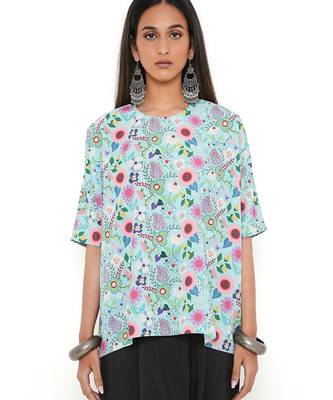 Aqua Spring Floral Garden Print Art Crepe Short Maya Tunic 5