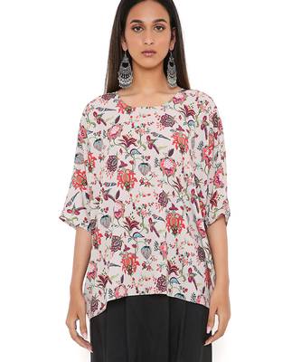 Khaki Chidiya Print Art Crepe Short Maya Tunic 5