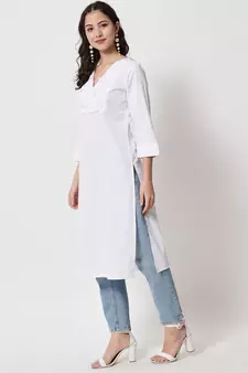Women White Cotton Gathered Overlap Kurti