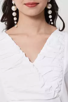 Women White Cotton Gathered Overlap Kurti