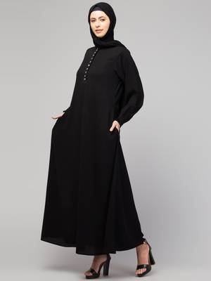 women latest style double side pocket  A-line abaya dress black 3
