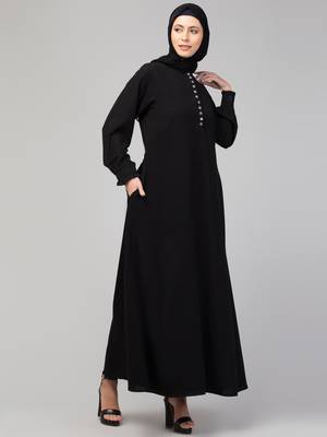 women latest style double side pocket  A-line abaya dress black 4