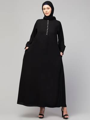 women latest style double side pocket  A-line abaya dress black 5