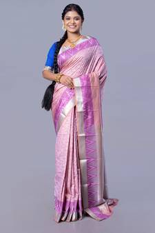 Kanjivaram silk saree in shallow vintage pink with floral jaal and contrasting border
