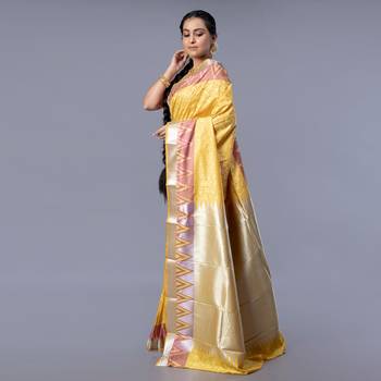 Kanjivaram silk saree in acid green color with dull zari motifs and border 3