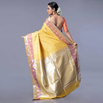 Kanjivaram silk saree in acid green color with dull zari motifs and border 4