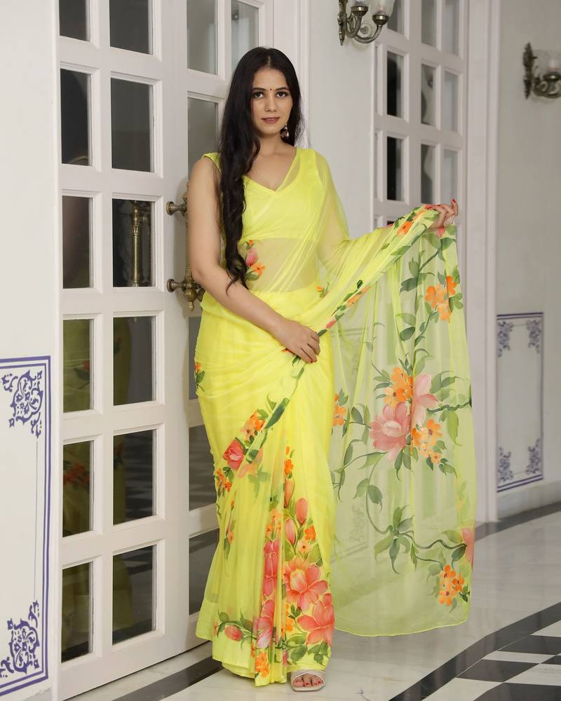 Bloom Tide (Handpainted Pink & Green Chiffon Saree)
