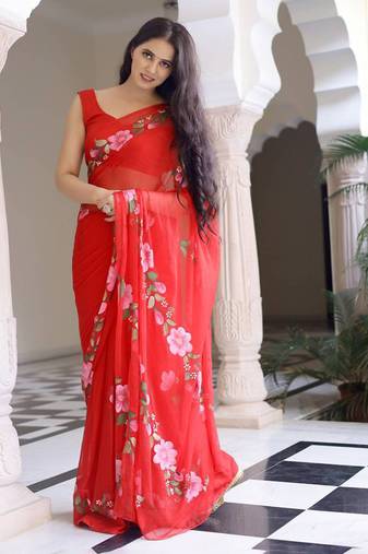 Tulip Handpainted Chiffon Saree with Blouse