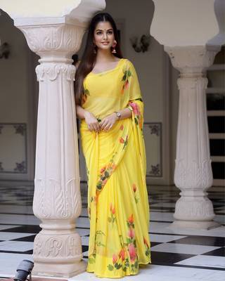 Petunia Handpainted Chiffon Saree with Blouse 1
