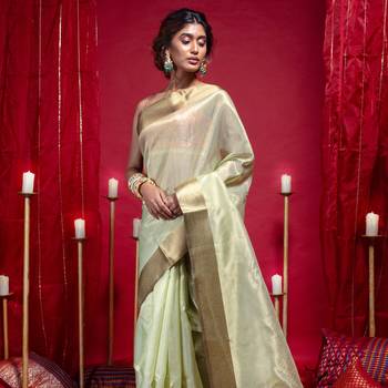 Banarasi kora organza saree in olive green color with copper zari border 2