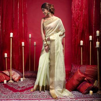 Banarasi kora organza saree in olive green color with copper zari border 3