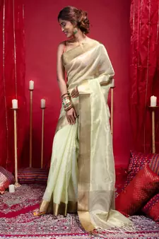 Banarasi kora organza saree in olive green color with copper zari border
