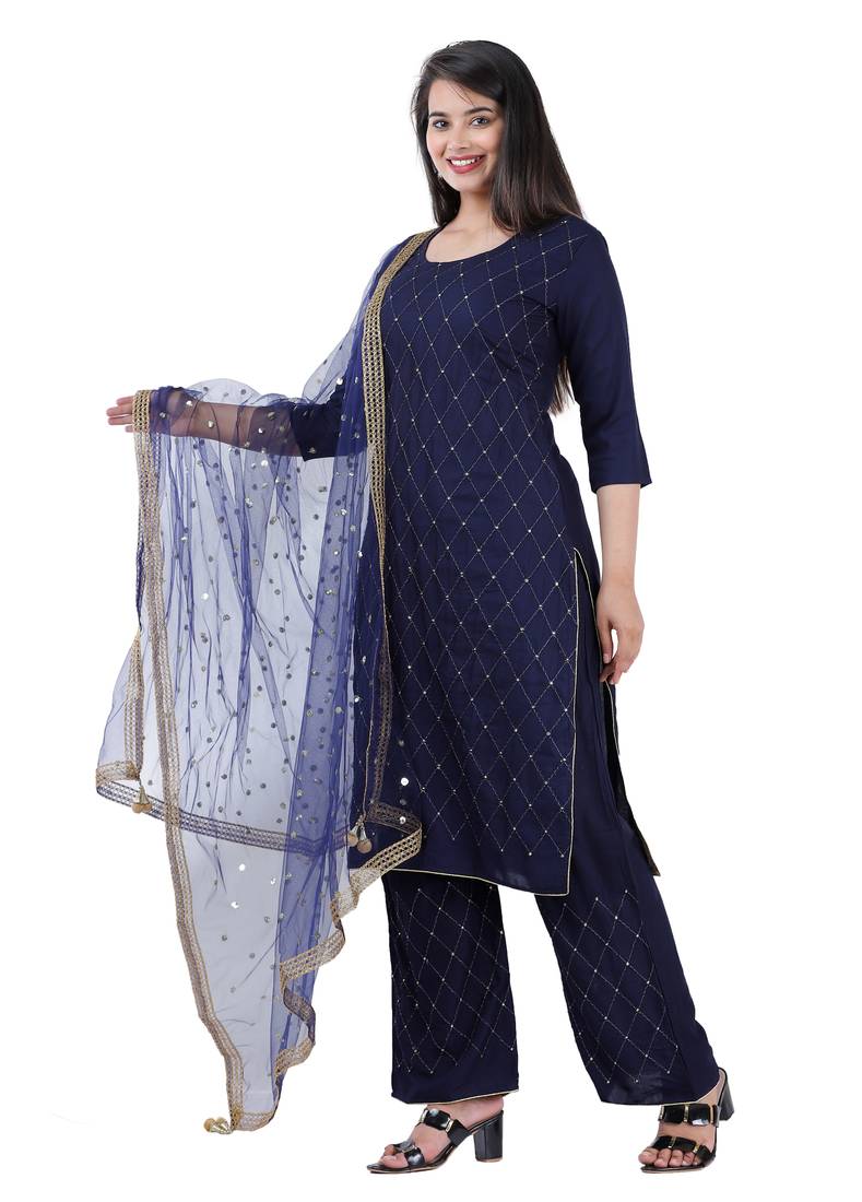 Shri Krishna Fabric Women's Rayon A-Line Kurti With Palazzo & Dupatta Set