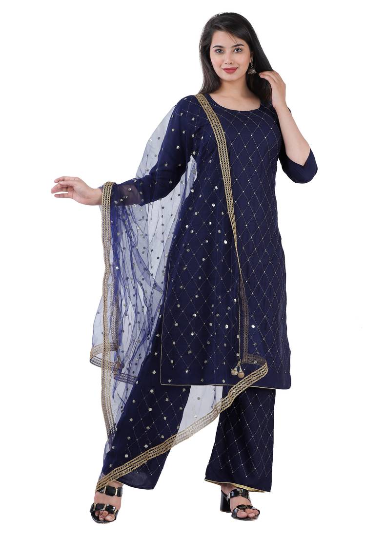Shri Krishna Fabric Women's Rayon A-Line Kurti With Palazzo & Dupatta Set