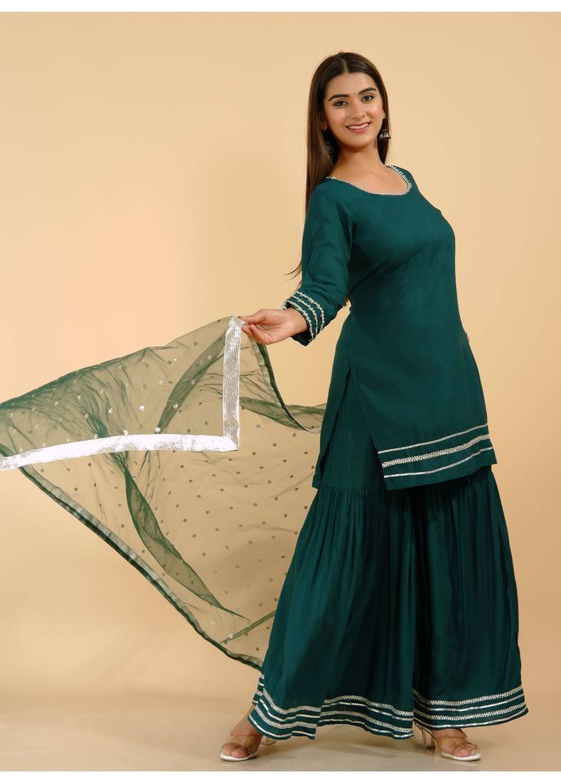 FESTIVAL SEASON LUNCH NEW DESIGNER HEAVY EMBROIDERY WORK ON FENDY FABRIC TOP SHARARA AND DUPATTA SET