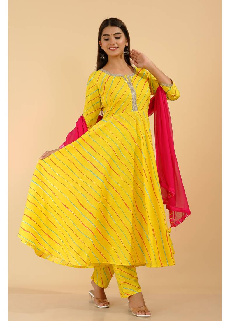 Shri Krishna Fabric INDI Lehriya Stripe Printed Anarkali Kurti With Pant & Dupatta Set
