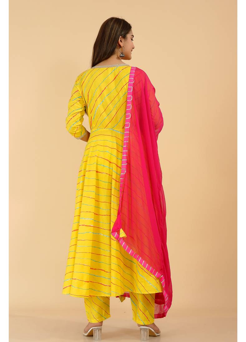 Shri Krishna Fabric INDI Lehriya Stripe Printed Anarkali Kurti With Pant & Dupatta Set
