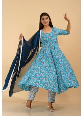 Shri Krishna Fabric Cotton Printed Designer Anarkali Blue Kurti With Pant & Dupatta Set 1