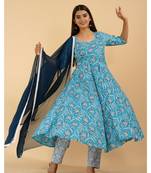 Shri Krishna Fabric Cotton Printed Designer Anarkali Blue Kurti With Pant & Dupatta Set