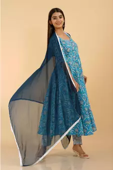 Shri Krishna Fabric Cotton Printed Designer Anarkali Blue Kurti With Pant & Dupatta Set