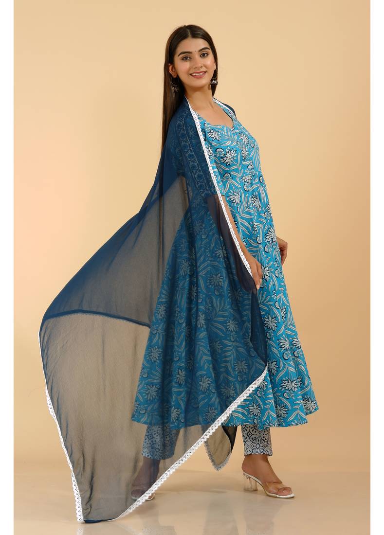 Shri Krishna Fabric Cotton Printed Designer Anarkali Blue Kurti With Pant & Dupatta Set