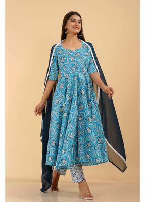 Shri Krishna Fabric Cotton Printed Designer Anarkali Blue Kurti With Pant & Dupatta Set 3