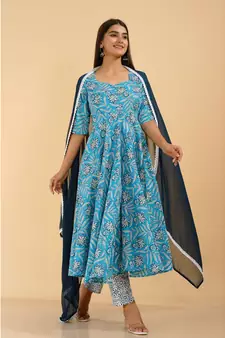 Shri Krishna Fabric Cotton Printed Designer Anarkali Blue Kurti With Pant & Dupatta Set