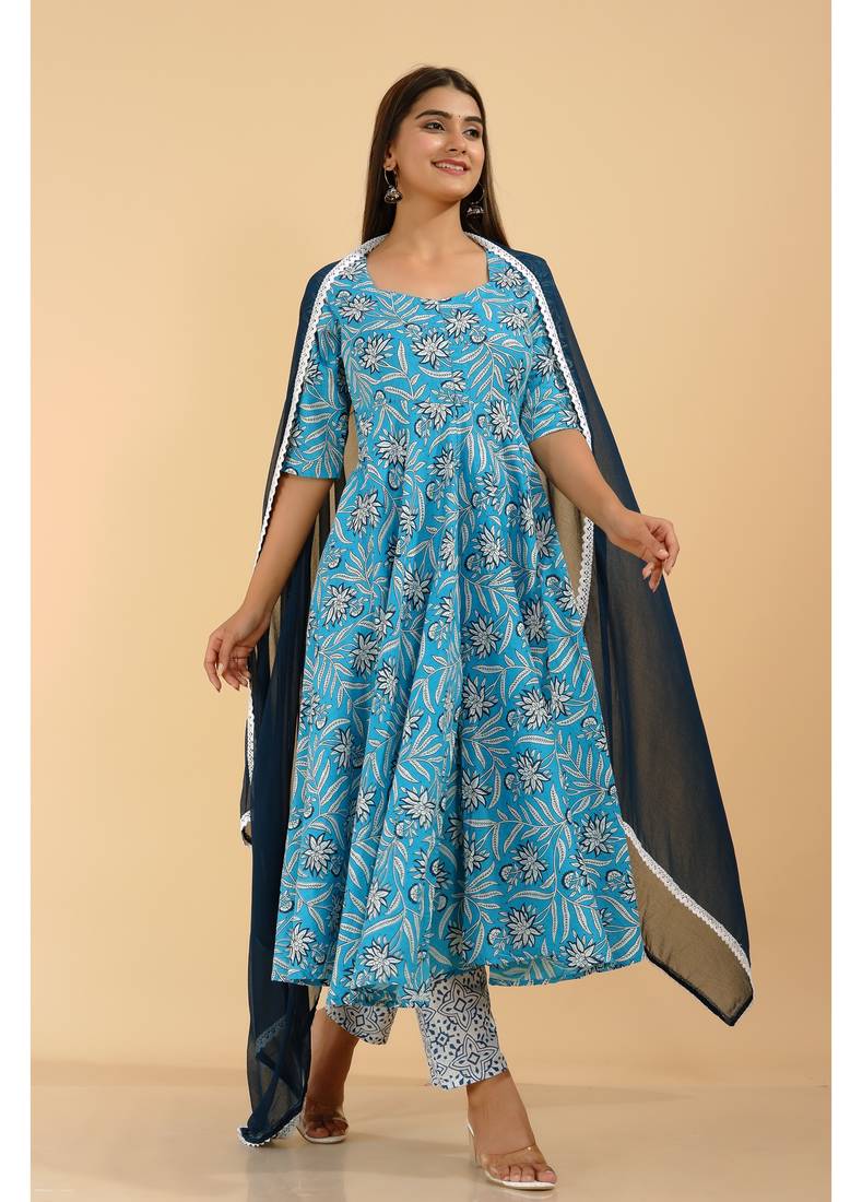 Shri Krishna Fabric Cotton Printed Designer Anarkali Blue Kurti With Pant & Dupatta Set