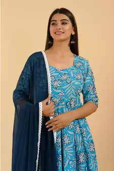 Shri Krishna Fabric Cotton Printed Designer Anarkali Blue Kurti With Pant & Dupatta Set