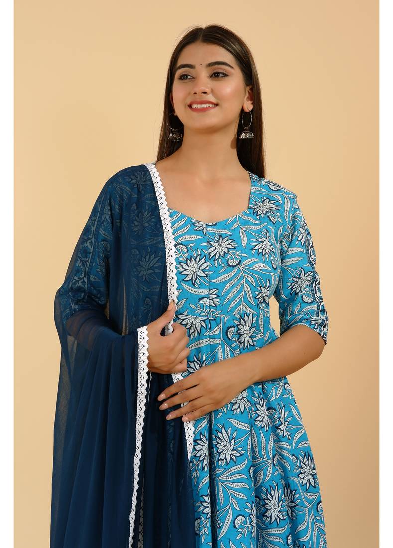 Shri Krishna Fabric Cotton Printed Designer Anarkali Blue Kurti With Pant & Dupatta Set