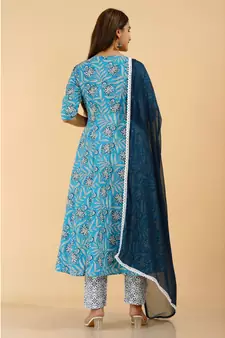 Shri Krishna Fabric Cotton Printed Designer Anarkali Blue Kurti With Pant & Dupatta Set