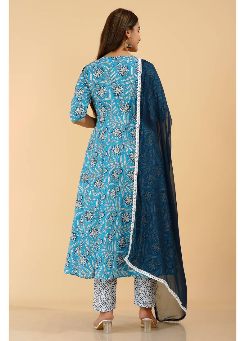 Shri Krishna Fabric Cotton Printed Designer Anarkali Blue Kurti With Pant & Dupatta Set