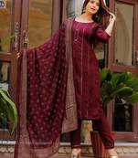 Shri Krishna Fabric Women's Rayon Wine Kurti With Pant & Dupatta Set