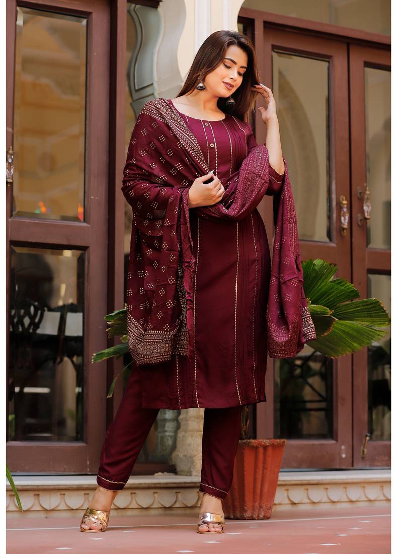 Shri Krishna Fabric Women's Rayon Wine Kurti With Pant & Dupatta Set